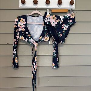 Cupshe Floral Long Sleeve Bikini Set - Navy